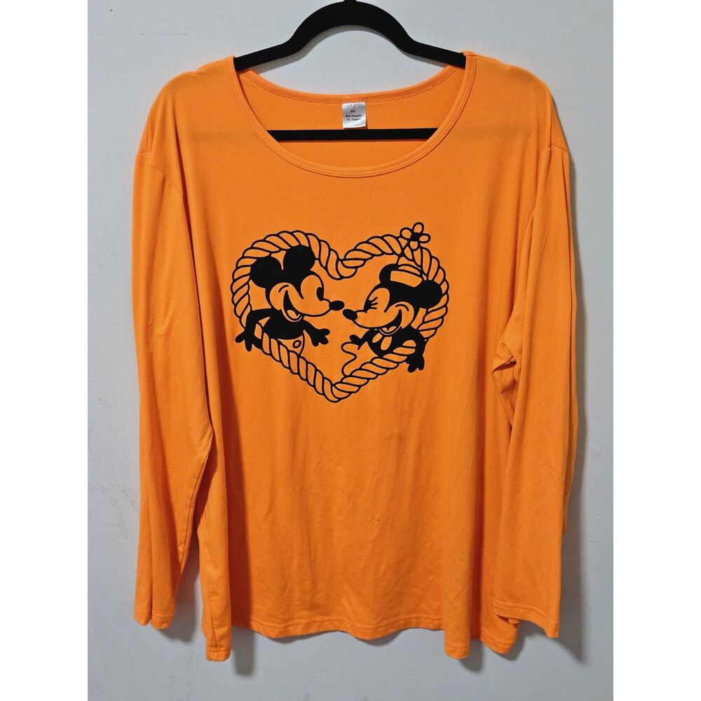 Steamboat Willie Style Mickey Minnie Lasso Heart Long Sleeve Orange Shirt 2XL